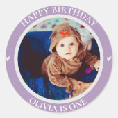 かわいい紫のハートフォトキッズファーストハッピーバースデー ラウンドシール (正面)