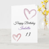かわいい紫のハートブラシストローク13誕生日 カード (黄色い花)