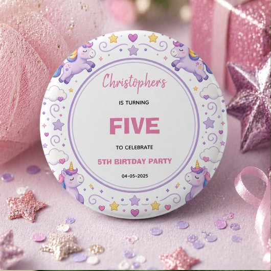 かわいい紫のパステルマジックユニコーン5歳の誕生日 缶バッジ