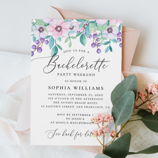 かわいい紫のピンクのフローラスクリプトバチェロレッテ 招待状