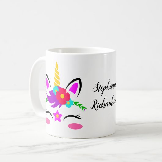 かわいい紫のピンクのユニコーン赤いパーソナライズされた花 コーヒーマグカップ (正面左)