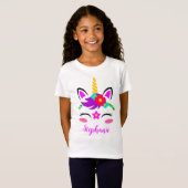 かわいい紫のピンクのユニコーン赤い花 Tシャツ (正面フル)