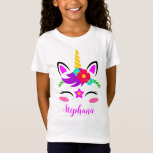 かわいい紫のピンクのユニコーン赤い花 Tシャツ