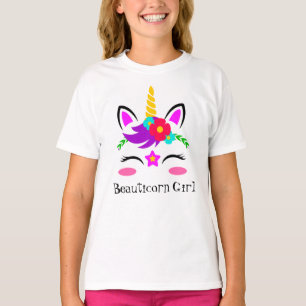 かわいい紫のピンクのユニコーン赤い花 Tシャツ