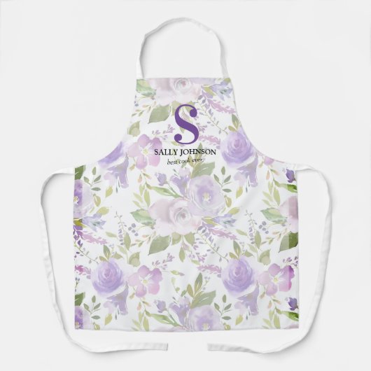 かわいい紫のフローライニシャル名 エプロン (正面)
