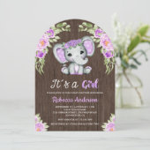 かわいい紫のフローラゾウのアーチ木の赤ちゃんシャワー 招待状 (スタンド正面)