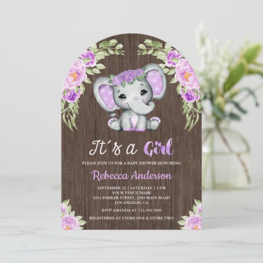かわいい紫のフローラゾウのアーチ木の赤ちゃんシャワー 招待状 (スタンド正面)