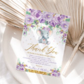 かわいい紫のフローラゾウ赤ちゃんシャワー赤ちゃん女の子 サンキューカード