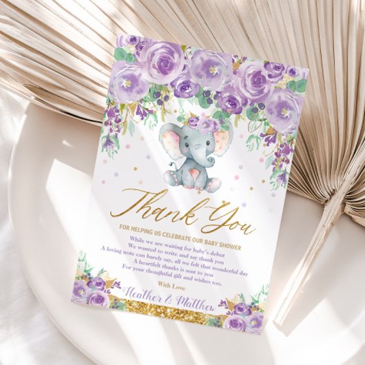 かわいい紫のフローラゾウ赤ちゃんシャワー赤ちゃん女の子 サンキューカード