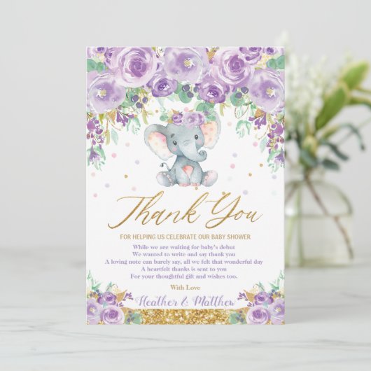かわいい紫のフローラゾウ赤ちゃんシャワー赤ちゃん女の子 サンキューカード (スタンド正面)