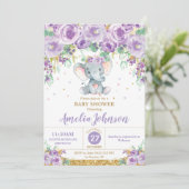 かわいい紫のフローラゾウ赤ちゃんシャワー赤ちゃん女の子 招待状 (スタンド正面)