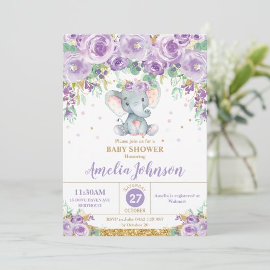 かわいい紫のフローラゾウ赤ちゃんシャワー赤ちゃん女の子 招待状 (スタンド正面)