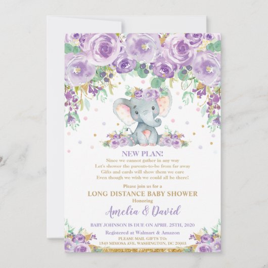 かわいい紫のフローラゾウ赤ちゃんシャワーbyメール 招待状 (正面)