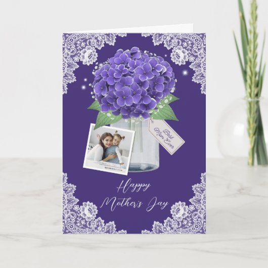 かわいい紫のフローラフォトハッピー母の日 カード (正面)