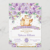 かわいい紫のフローラフクロウ赤ちゃんシャワー赤ちゃん女の子 招待状 (正面/裏面)