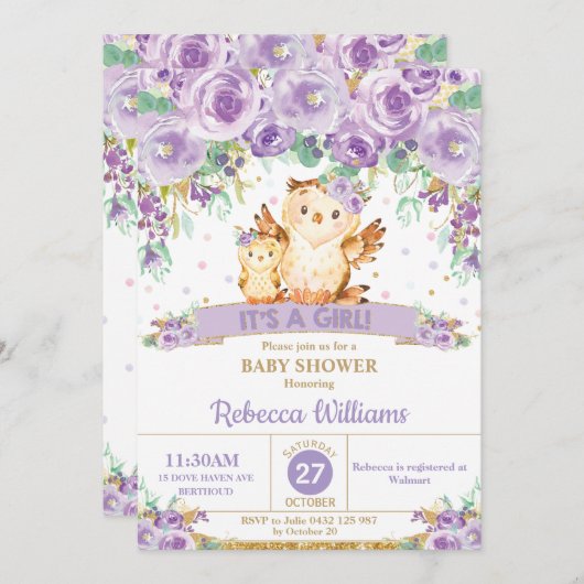 かわいい紫のフローラフクロウ赤ちゃんシャワー赤ちゃん女の子 招待状 (正面/裏面)