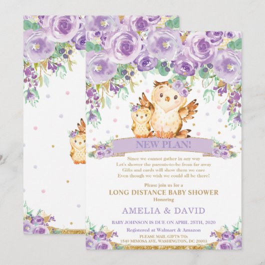かわいい紫のフローラフクロウ赤ちゃんシャワーbyメール 招待状 (正面/裏面)