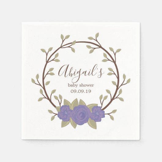 かわいい紫のフローラリースベビーシャワー スタンダードカクテルナプキン (正面)