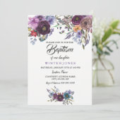 かわいい紫のフローラ冬のベビーガールバプテスマ招待状 招待状 (スタンド正面)