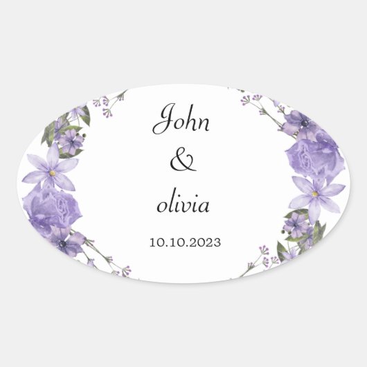 かわいい紫のフローラ結婚 楕円形シール (正面)