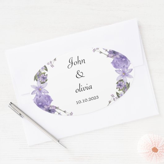 かわいい紫のフローラ結婚 楕円形シール (封筒)