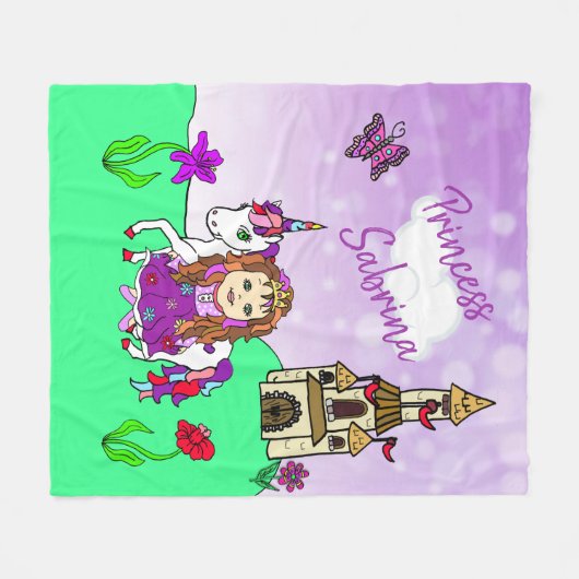 かわいい紫のプリンセスとユニコーンパーソナライズされた フリースブランケット (正面(横))