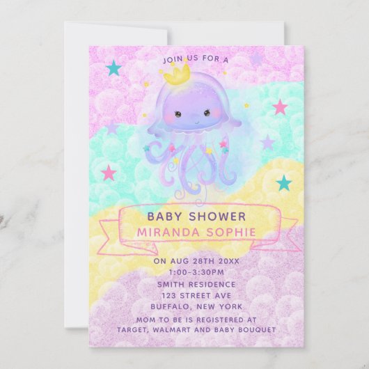 かわいい紫のプリンセスクラゲの女の子ベビーシャワー 招待状 (正面)