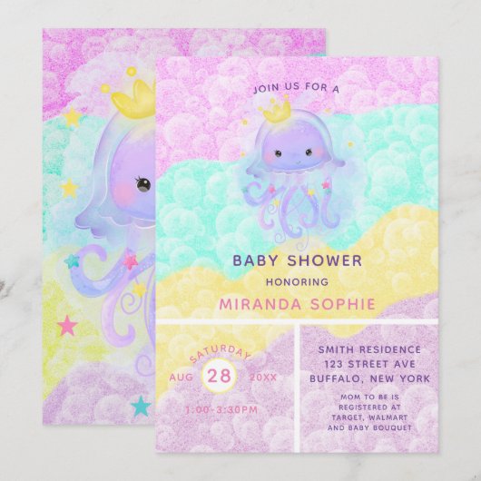 かわいい紫のプリンセスクラゲの女の子ベビーシャワー 招待状 (正面/裏面)