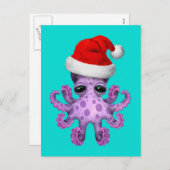 かわいい紫のベビータコがサンタ・ハット・ブルーを着る シーズンポストカード (正面/裏面)