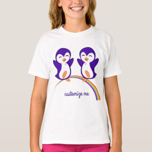 かわいい紫のペンギンオンレインボーカスタムキッズ Tシャツ