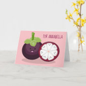 かわいい紫のマンゴスチン漫画イラストレーション カード (黄色い花)