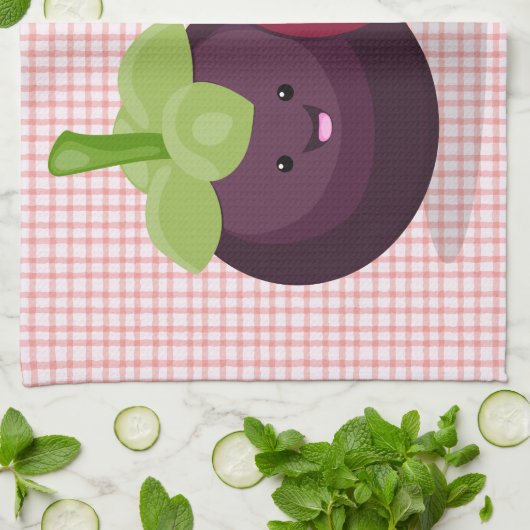 かわいい紫のマンゴスチン漫画イラストレーション キッチンタオル (折り畳み)