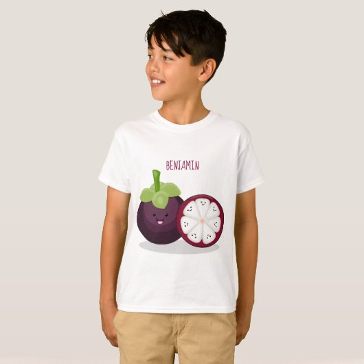 かわいい紫のマンゴスチン漫画イラストレーション Tシャツ (正面フル)