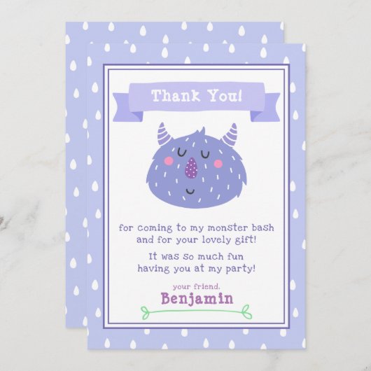 かわいい紫のモンスター | モンスターバッシュ子供の誕生日 サンキューカード (正面/裏面)