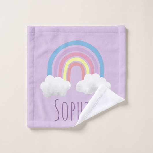 かわいい紫のユニコーンの女の子のパターン&名前の子供 バスタオルセット (ウォッシュタオル)