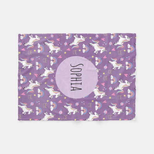 かわいい紫のユニコーンの女の子のパターン&名前の子供 フリースブランケット (正面(横))