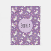 かわいい紫のユニコーンの女の子のパターン&名前の子供 フリースブランケット (正面)