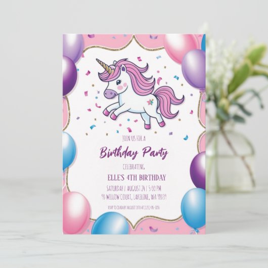 かわいい紫のユニコーンの誕生日招待状 招待状 (スタンド正面)