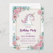 かわいい紫のユニコーンの誕生日招待状 招待状 (正面/裏面)