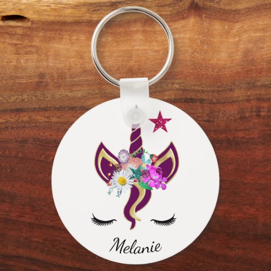 かわいい紫のユニコーンパーソナライズされたホーン キーホルダー (正面)