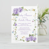 かわいい紫のリボンバラベビーガール赤ちゃんシャワー 招待状 (スタンド正面)