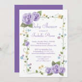 かわいい紫のリボンバラベビーガール赤ちゃんシャワー 招待状 (正面/裏面)