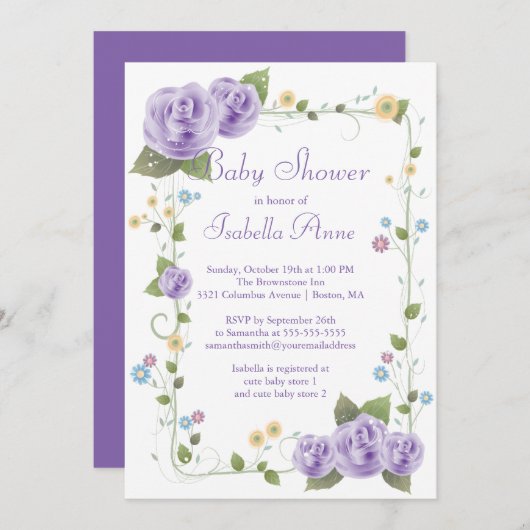 かわいい紫のリボンバラベビーガール赤ちゃんシャワー 招待状 (正面/裏面)