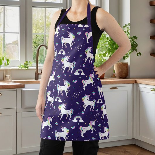かわいい紫のレインボーハートとスターズユニコーン エプロン