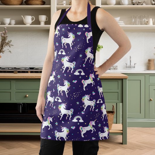 かわいい紫のレインボーハートとスターズユニコーン エプロン