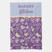 かわいい紫のレトロハート花蝶 キッチンタオル (縦)