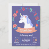 かわいい紫の一角獣フローラ誕生日招待 招待状 (正面)