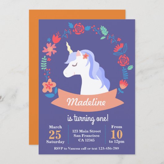 かわいい紫の一角獣フローラ誕生日招待 招待状 (正面/裏面)