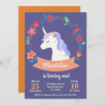 かわいい紫の一角獣フローラ誕生日招待