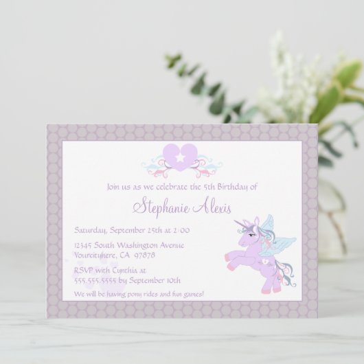 かわいい紫の一角獣ポニーの誕生日パーティーの招待 招待状 (スタンド正面)